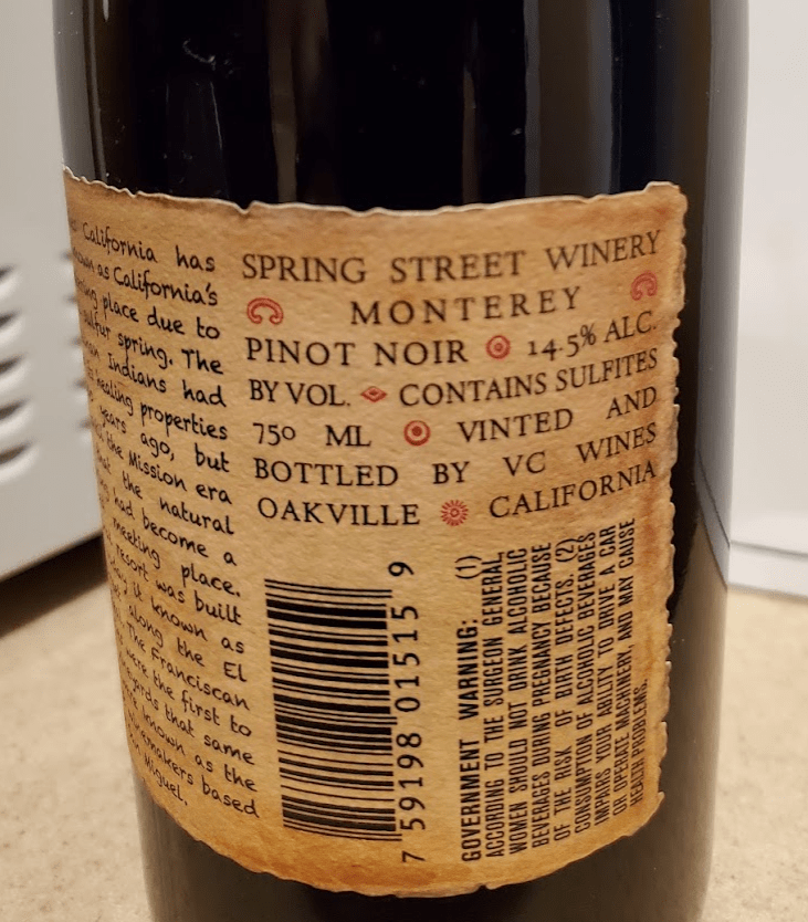 2017 Spring Street Pinot Noir back label 1