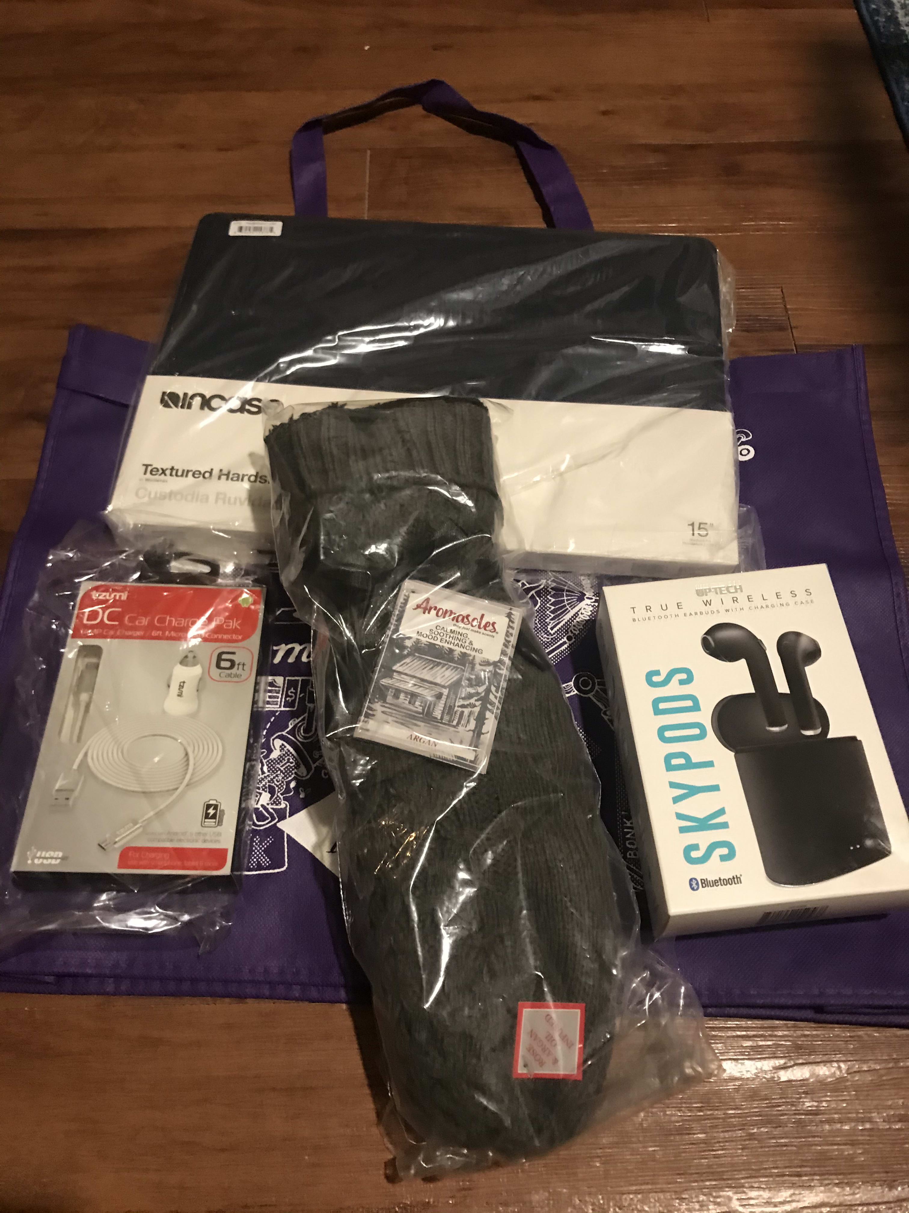 was really happy with all of this! Will use the laptop case, the earphones went to family, and the socks look perfect for when I get inexplicably cold during work meetings but it’s “not professional” to wear a Snuggie on zoom. 