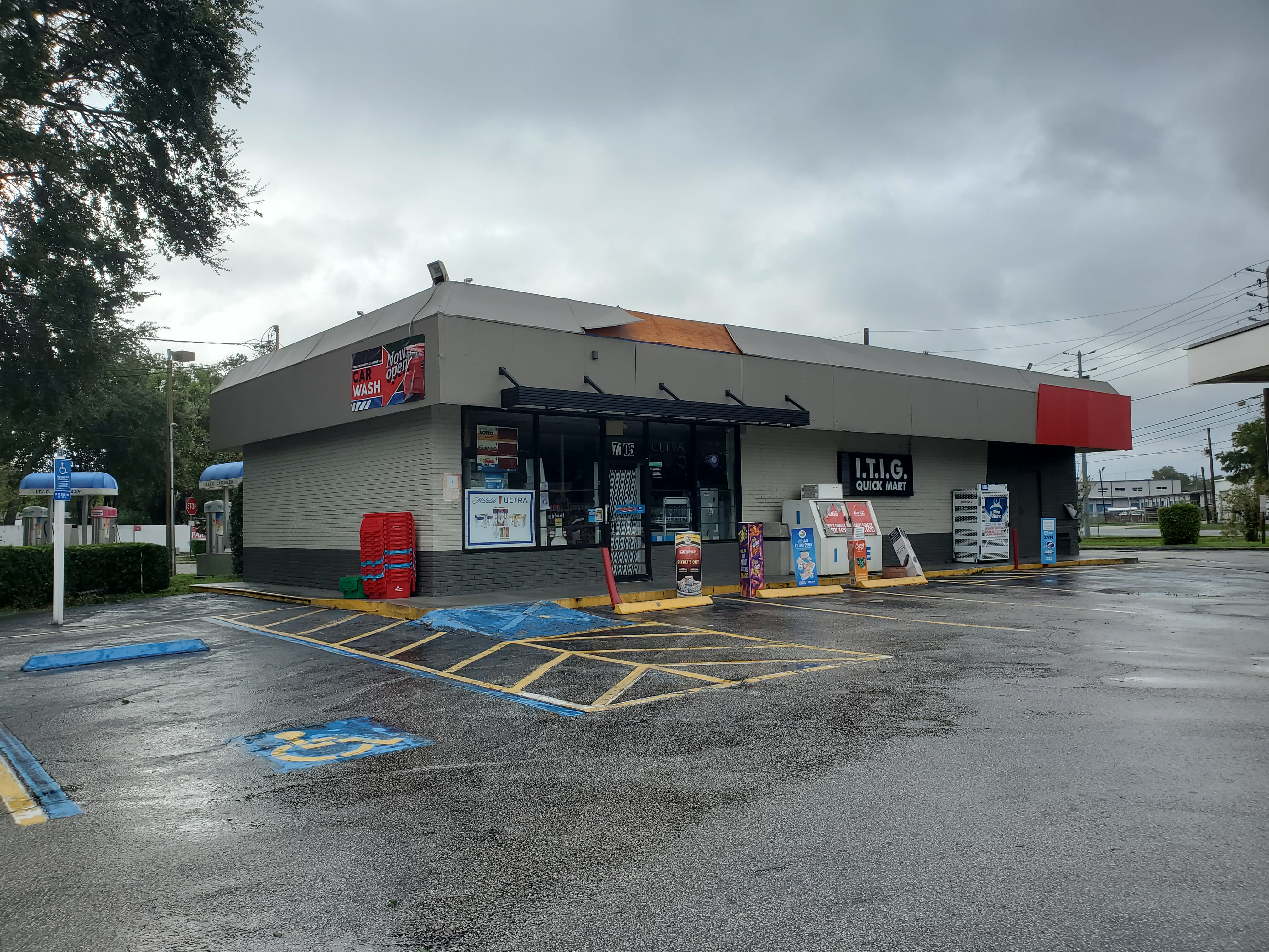 Minor roof damage on nearby convenience store