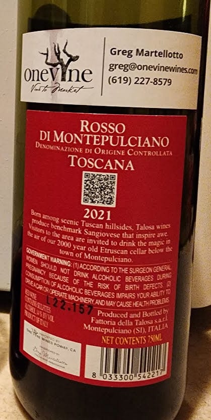2021 Talosa back label