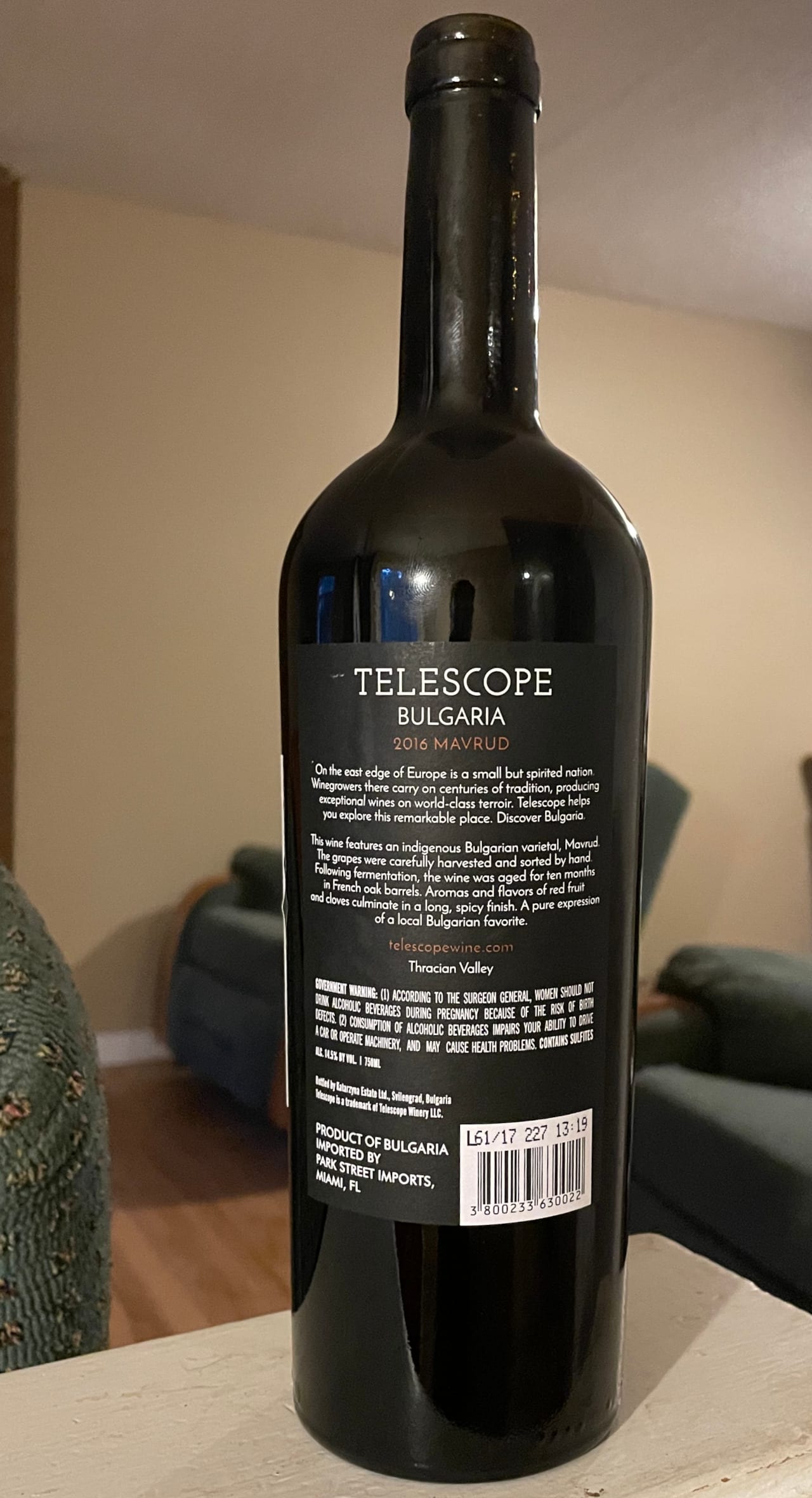 Telescope 2016 Bulgarian Mavrud Back of Bottle