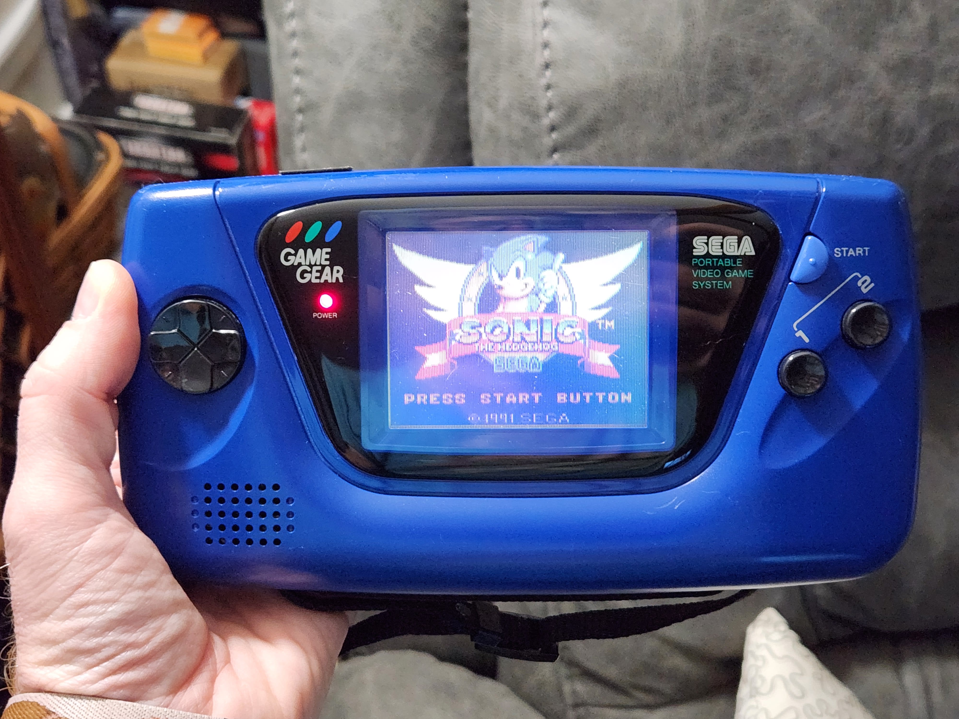 Blue Sega Game Gear with Sonic the Hedgehog