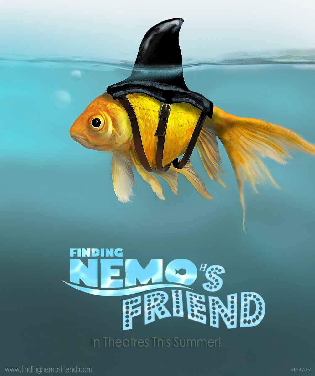 All my own originals photographs… (except the Finding Nemo logo.  ) The little goldfish was trapped in a pond filter and I rescued him, asked him to wear the fin (just kidding… I drew that part in afterward) and then released him into the main pond where he lives happily ever after with a great story to tell.