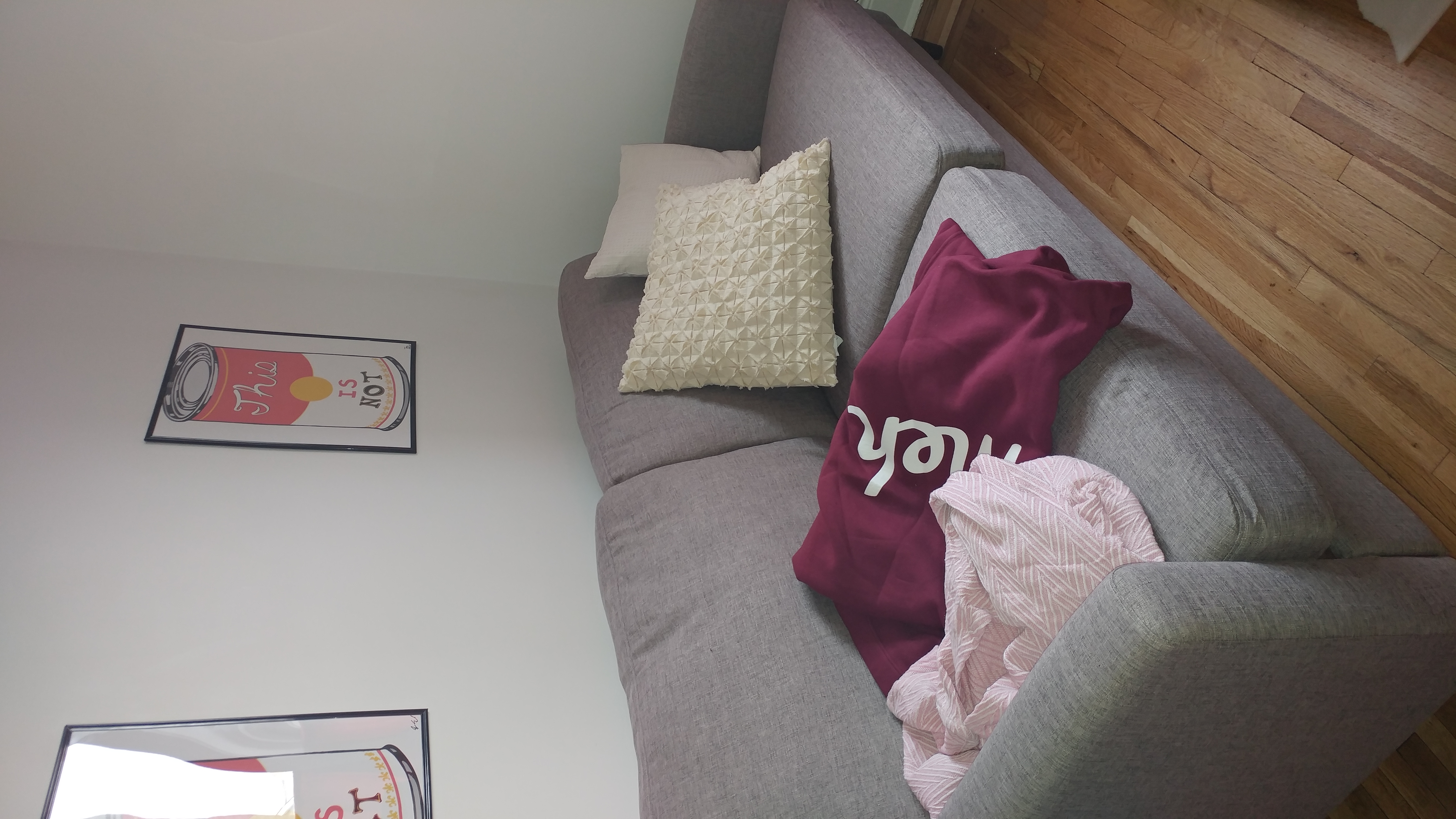 A gray couch with off white throw pillows, a pink blanket, and a Meh branded blanket