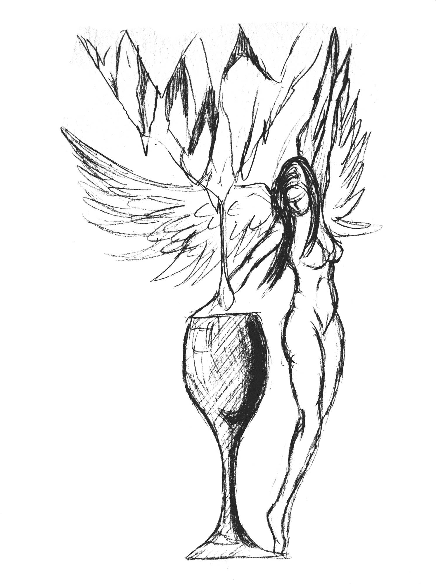 This label was designed by our nephew. He had recently graduated from Long Beach State with a degree in graphic arts.  I said now that we have gotten you through school it is time to go to work.  I asked for a label with an angel tapping a bunch of frozen grapes with the nectar dripping out into a wine glass.  As you can see, in the first rendition was a nude angel. Typical for an art student.  Although I liked it, I told him the Feds would not approve it and asked him to put a dress on her. 