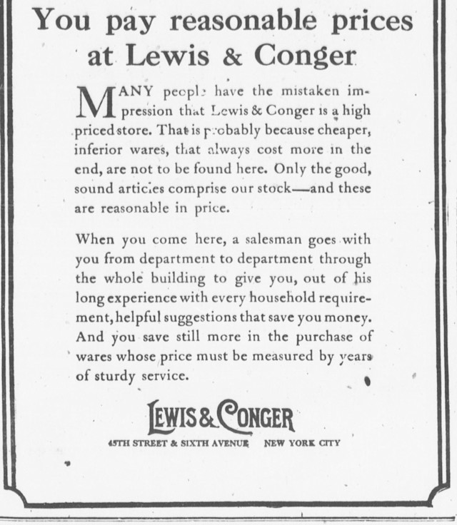 Lewis & Conger advertisement, 1920